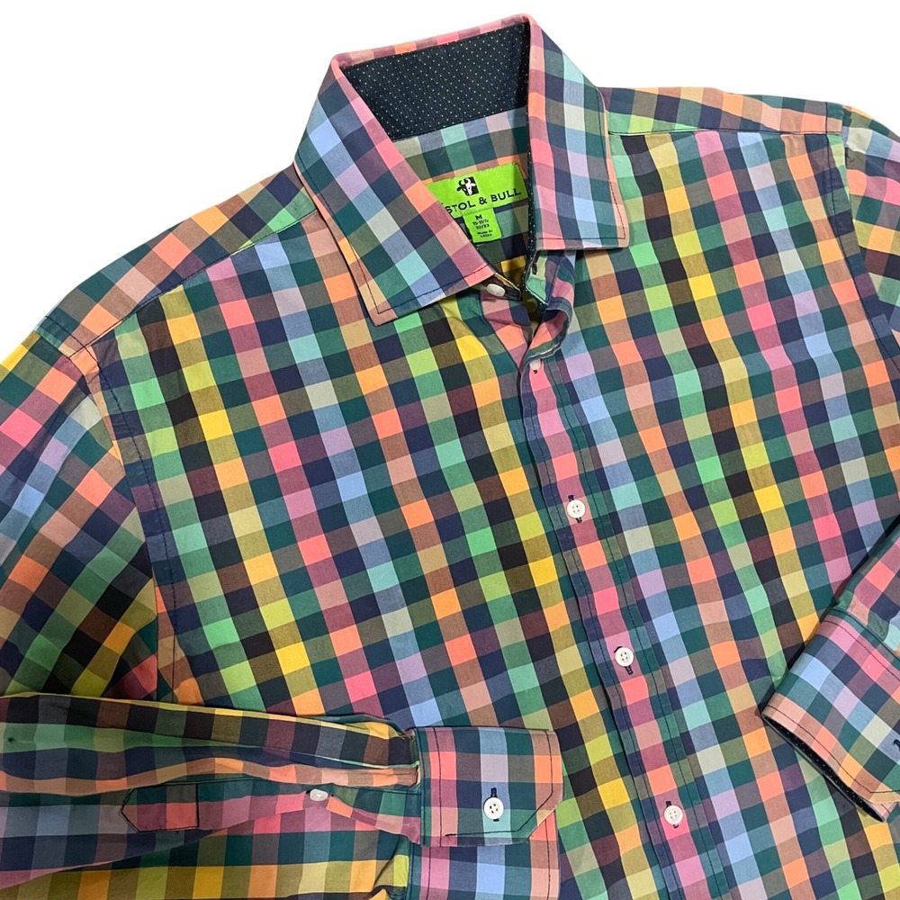 Bristol & Bull Mens Rainbow Gingham Button Down Shirt Multicolor‎ Cotton M